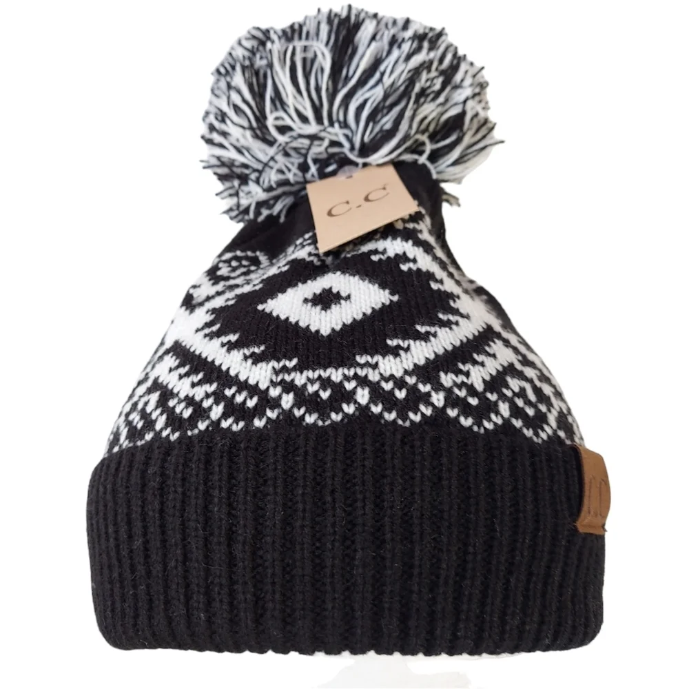Beanie Women's Black Soft Warm knitted Hat With Pom Pom Acrylic